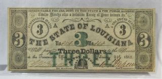 1862 $3 Louisiana Baton Rouge Confederate Civil War Bank Note Pc - 341