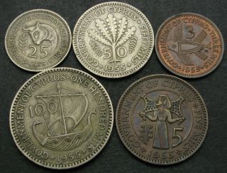 Cyprus 3,  5,  25,  50,  100 Mils 1955 - 5 Coins.  - 2462