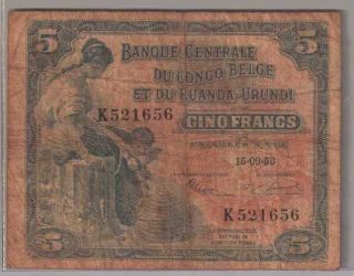 561 - 0068 Belgian Congo | Banque Centrale,  5 Francs,  1953,  Pick 21,  F - Vf