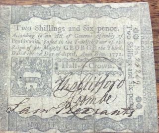 1772 2 Shillings And 6 Pence Pennsylvania Continental Currency