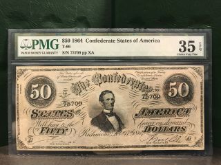 1864 $50 Fifty Dollar Csa Confederate States Of America Note T - 66 Pmg 35 Epq