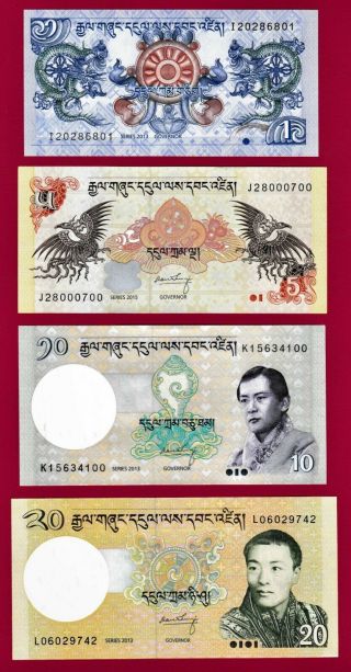 4 Bhutan 2006 Unc Notes:1 Ngultrum P - 27,  5 Ngtm P - 28,  10 Ngtm P - 29,  & 20 Ng P - 30