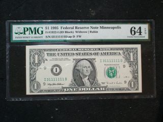 1995 One Dollar Federal Reserve Note Pmg Choice Unc 64 Epq Minneapolis $1 Bill