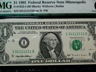 1995 ONE DOLLAR FEDERAL RESERVE NOTE PMG CHOICE UNC 64 EPQ MINNEAPOLIS $1 BILL 2