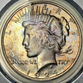 1924 Silver Peace Dollar Pcgs Ms63 Bu Uncirculated Toned Must Have With Luster
