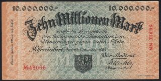 1923 10 Million Mark Schweinfurt Germany Old Vintage Emergency Money Banknote Vf