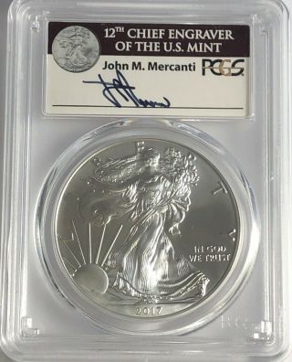 2017 $1 PCGS MS70 SILVER AMERICAN EAGLE FIRST STRIKE SIGNED BY JOHN MERCANTI FS 3