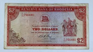 Rare Reserve Bank Of Rhodesia 2 Dollars 1975 Circulated