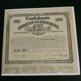 April 1st 1863 $500 Confederate States Of American 6 Loan Bond Civil War Era