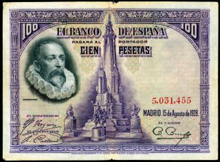 J164 Spain 100 Pesetas 1928 Cervantes Note