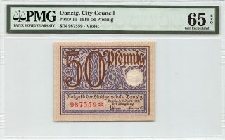 Danzig 1919 P - 11 Pmg Gem Unc 65 Epq 50 Pfennig (violet)