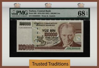 Tt Pk 206 1970 Turkey Central Bank 100000 Lira Pmg 68 Epq Gem Unc