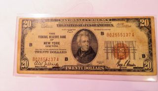1929 Federal Reserve Bank Of York Note $20 Twenty Dollar Note " B "