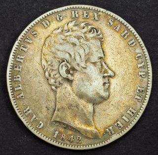 1842,  Kingdom Of Sardinia,  Charles Albert I.  Large Silver 5 Lire Coin.  Vf
