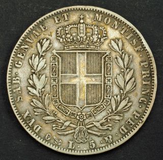 1842,  Kingdom of Sardinia,  Charles Albert I.  Large Silver 5 Lire Coin.  VF 2