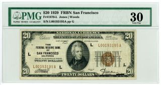 1929 Fr.  1870 - L $20 U.  S.  (san Francisco,  Ca) Federal Reserve Bank Note - Pmg 30