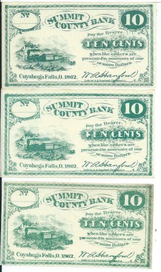 1862 Cuyahoga Falls Ohio 10 Cents Set Of 3 Summit County Bank Train Crisp Uncirc