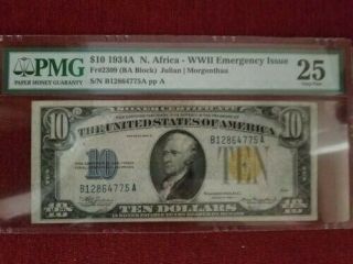 $10 1934a N.  Africa Wwii Emergency Issue - Pmg Very Fine 25 -