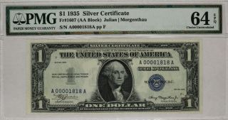 1935 $1 Silver Certificate Note Currency Aa Block Fr.  1607 Pmg Cu 64 Epq (818a)
