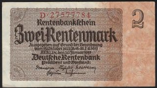 1937 2 Rentenmark Germany Vintage Nazi Old Money Banknote 3rd Reich P 174b Vf