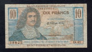Saint Pierre And Miquelon 10 Francs (1950 - 60) Pick 23 Fine.
