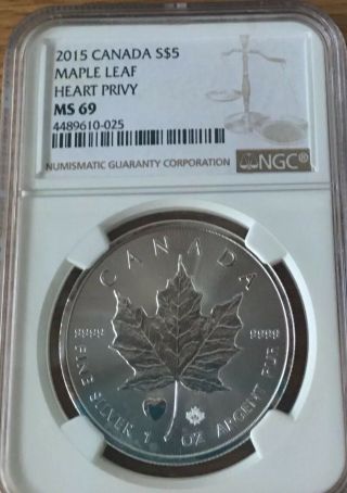2015 Ngc Ms 69 Canada Maple Leaf 1 Oz.  9999 Fine Silver - Heart Privy Mark