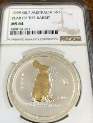 1999 Australia 1 Oz Year Of The Rabbit $1 Gilded Gilt Lunar I Series Ncg Ms 64