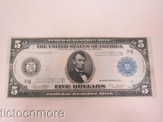 Us $5 Five Dollar Federal Reserve Series 1914 Large Note Bill Chicago - 10b