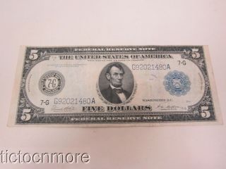 Us $5 Five Dollar Federal Reserve Large Note Bill Series 1914 Chicago Blue Seal
