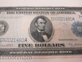 US $5 FIVE DOLLAR FEDERAL RESERVE LARGE NOTE BILL SERIES 1914 CHICAGO BLUE SEAL 4
