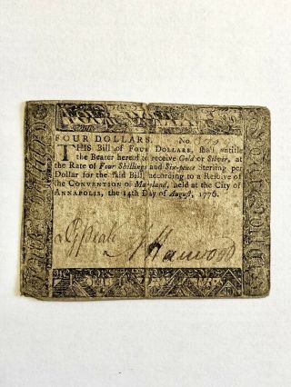 Maryland 1776 Colonial Currency - 4 Dollar Note