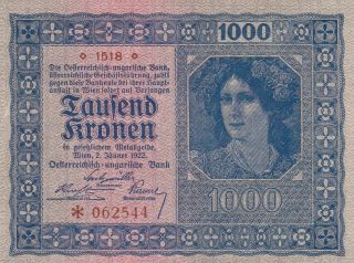 1000 Kronen Aunc Banknote From Austria 1922 Pick - 78