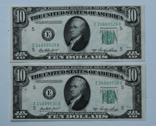 1950 - A $10 Federal Reserve Ten Dollar Note 2 Consecutive Serial Numbers Unc