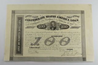 Authentic - 1863 Confederate States - Civil War $100 Bond Certificate 633