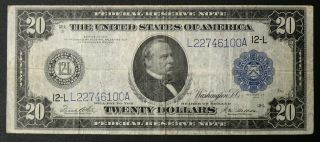 1914 $20 Blue Seal Fed Reserve Note - Solid Vf - Fr - 1011 A San Francisco