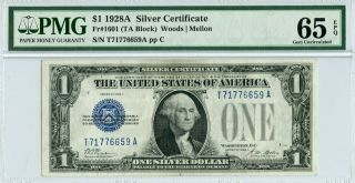 Fr 1601 $1 1928a Silver Certificate Pmg Fine 65 Epq Gem Uncirculated