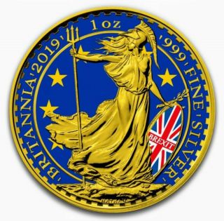2019 Uk Britannia Brexit Colorized Gold Gilded 1oz.  999 Silver Coin - Box &