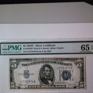 Ac 1934c $5 Silver Certificate Pmg 65 Epq L - A Block Wide Face Fr 1653 Gem