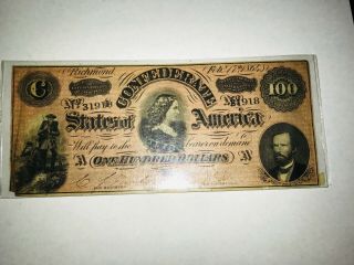 1864 $100 Confederate States Of America Note - Civil War Era Banknote