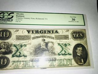 1862 $10 Richmond Virginia Treasury Note - Pcgs Vf 30