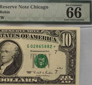 1995 $10 Chicago Star ⭐️ Frn,  Pmg Gem Uncirculated 66 Epq Banknote
