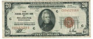 1929 Us $20 Dollar Philadelphia Bank National Currency Brown Seal Note H00452558