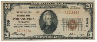 1929 Us $20 Philadelphia Bank Of 539 National Currency Brown Seal Note H011892