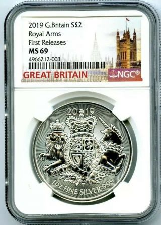 2019 2pd Great Britain 1oz Silver Royal Arms Ngc Ms69 First Releases