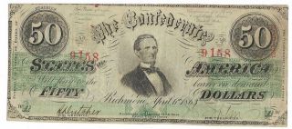 Confederate States Of America $50.  00 Bank Note,  T - 57,  Pltaw Sn9158 Very Good