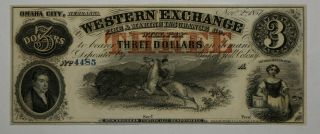 1857 $3 Western Exchange Omaha Nebraska Obsolete Banknote Remainder (4485)