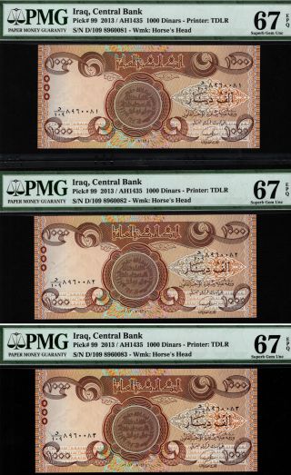 Tt Pk 99 2013 Iraq Central Bank 1000 Dinars Pmg 67q Gem Unc Seq Set Of 3