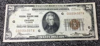 1929 $20 Bill National Currency Federal Reserve Bank Of Chicago Illinois