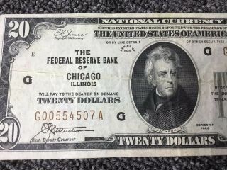1929 $20 BILL NATIONAL CURRENCY FEDERAL RESERVE BANK OF Chicago Illinois 2