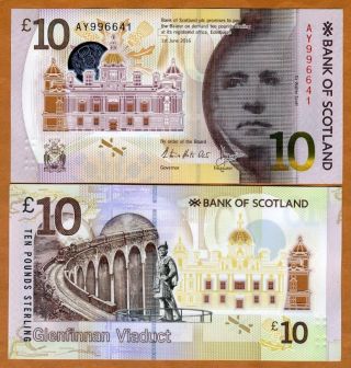 Scotland,  Bank Of Scotland,  10 Pounds,  2017,  P -,  Polymer,  Unc Walter Scott